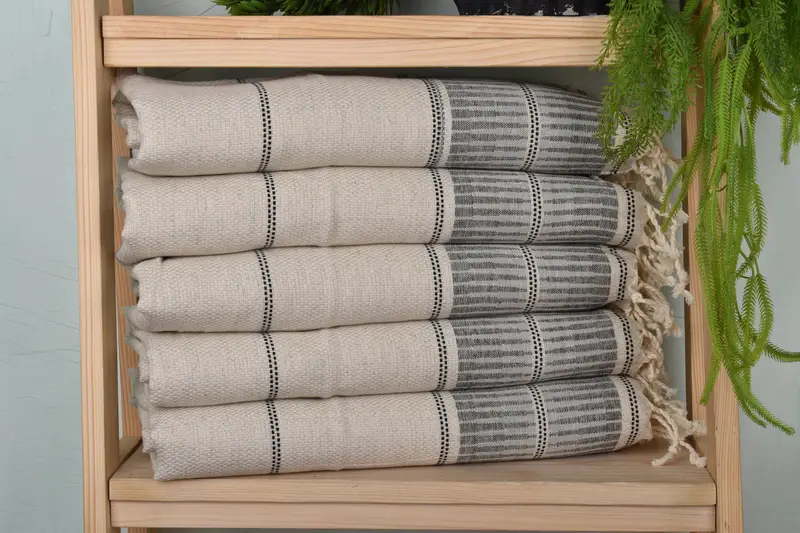 Kitchen Towel Monogram Hand Towel Black Linen Striped, 20x40 Inches