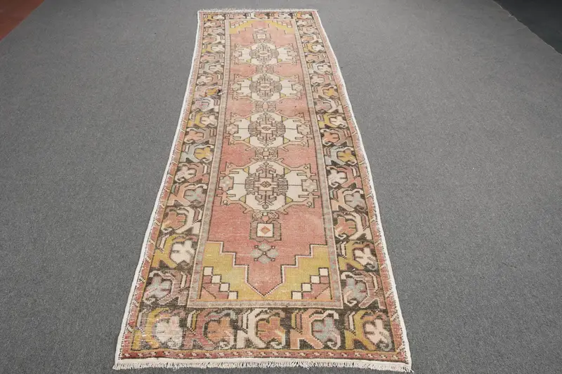 Oushak Rug, 3x9.3 ft Vintage Rug, Red Ikat Rug Wool - 1