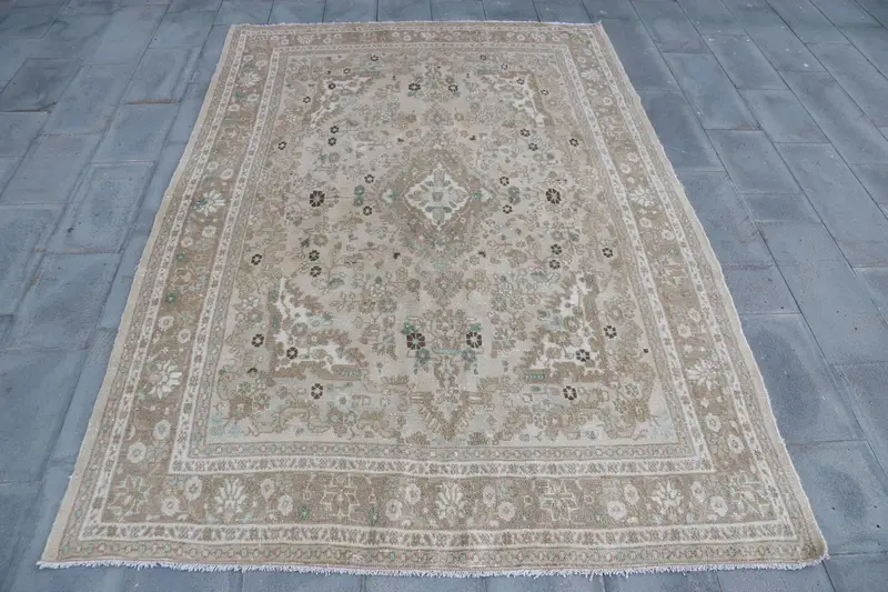Turkish Vintage Rug 6.7x9.8 ft, Brown Oushak Oriental Rug - 1
