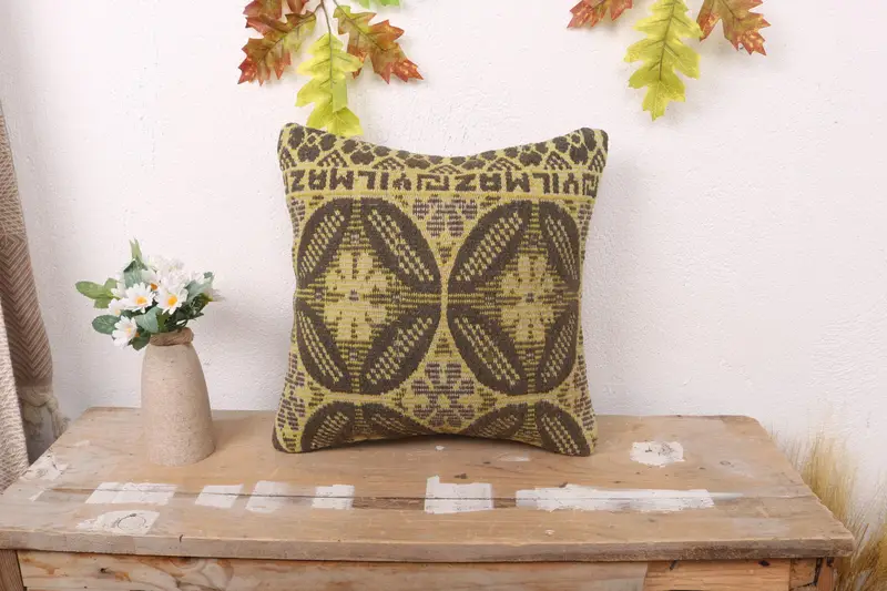 Handgefertigtes 14x14 besticktes Kissen, geometrisches Vintage-Wurfkissen