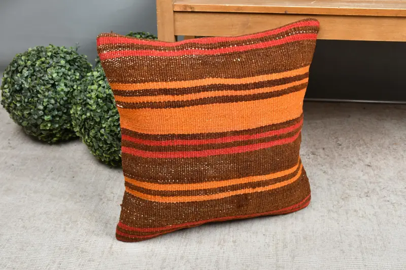 Pillow, Pillow for Sofa, Cozy Throw Pillow, Handmade Kilim Cushion, Decorative Pillow Cover, 18x18 Orange Pillow, Interior Designer Pillow - 7