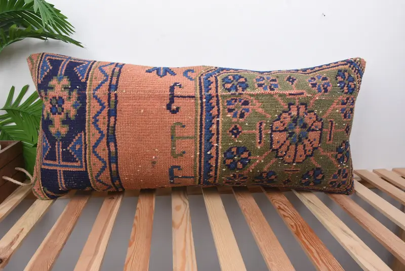 Orange & Green Floral Rectangle Throw Pillow, Embroidered Vintage Cushion