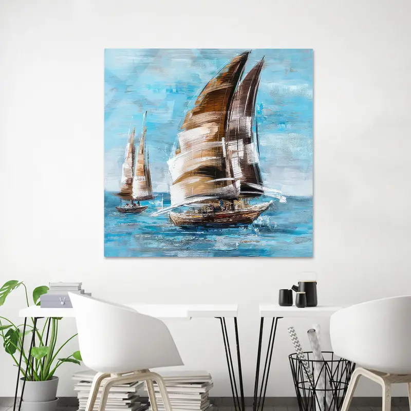 Modern Kıyı Deniz Manzarası Kanvas: Ofis Dekoru için Mavi Tekne Sanatı