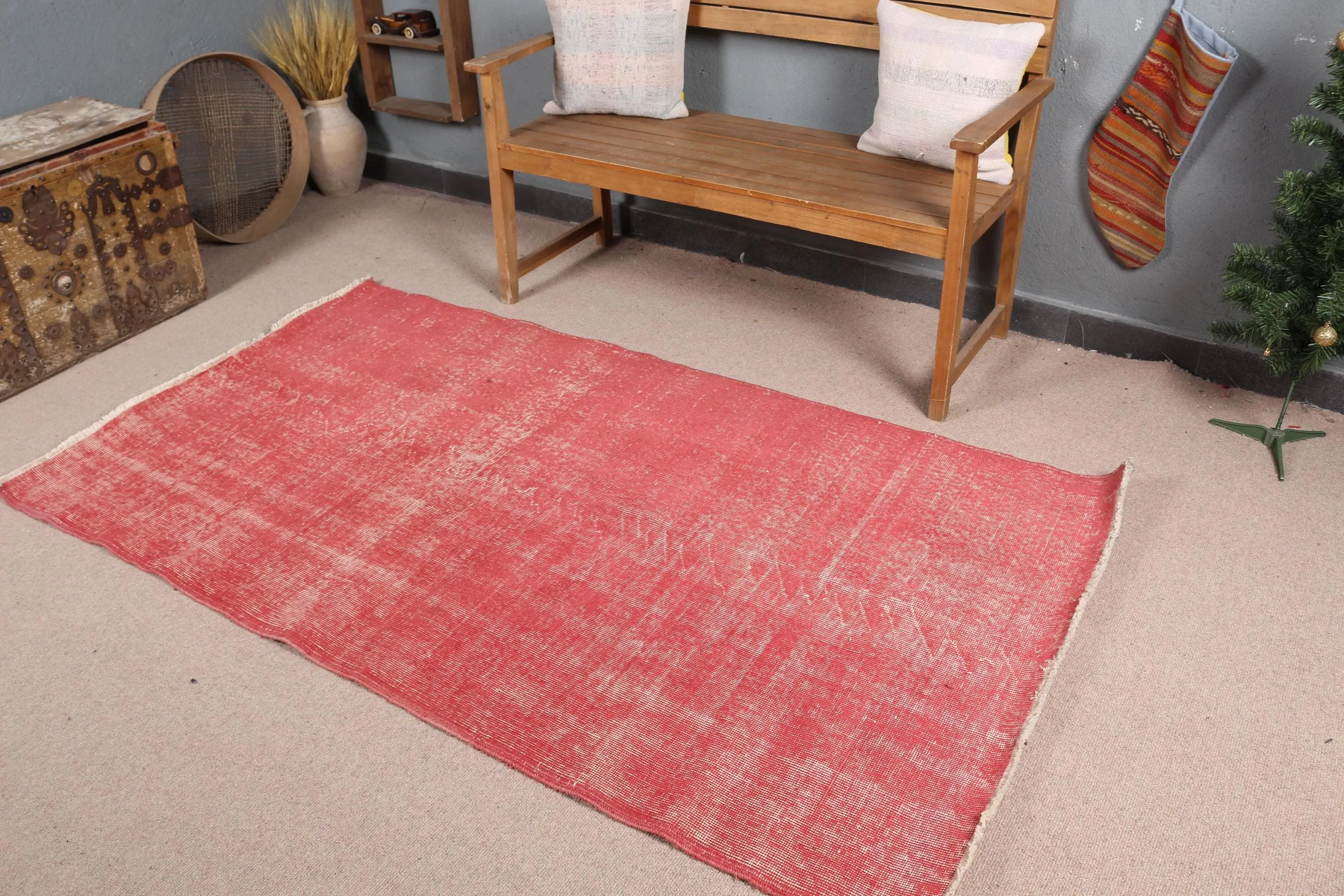 Vintage Rug, 3.8x6.8 ft Area Rug, Red White Wool Rug - 1