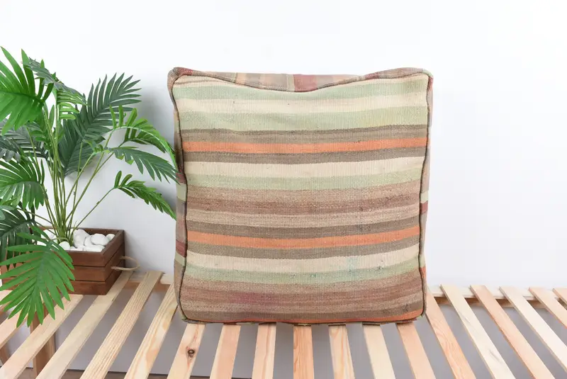 Beige Kilim Pouf, 24x24x6 Handmade Turkish Wool Pouf