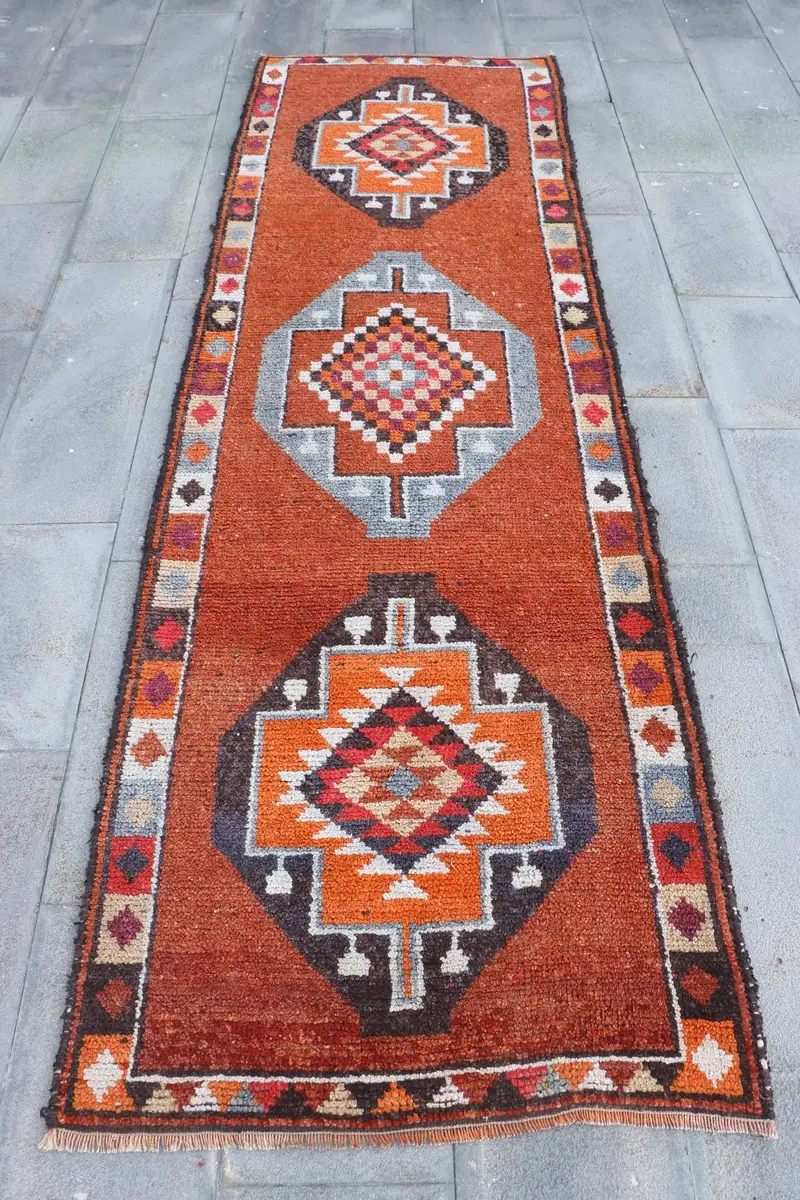 Turkish Vintage Rug, 3.2x10.1 ft Runner Rug, Red Orange Floral Rug - 1