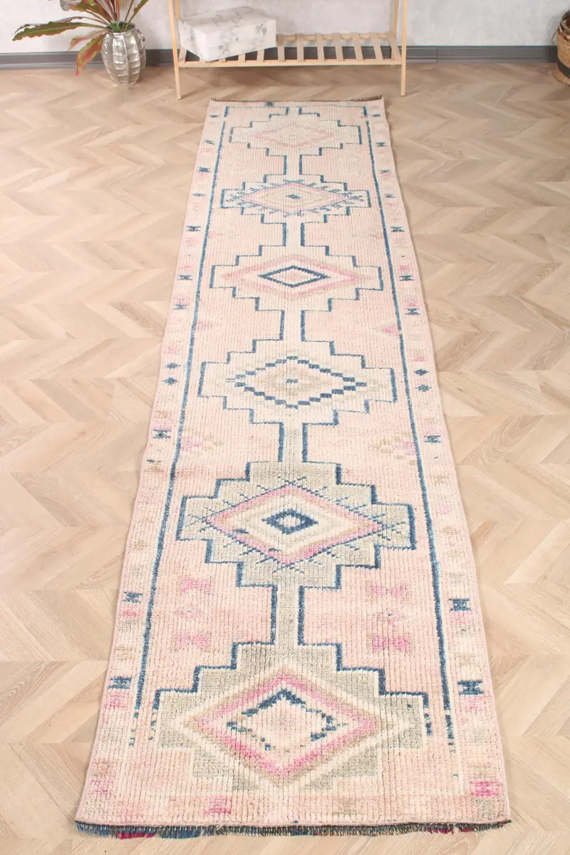 トルコヴィンテージラグ 80x325cm ヘルキピンクブルーストライプラグ - 1