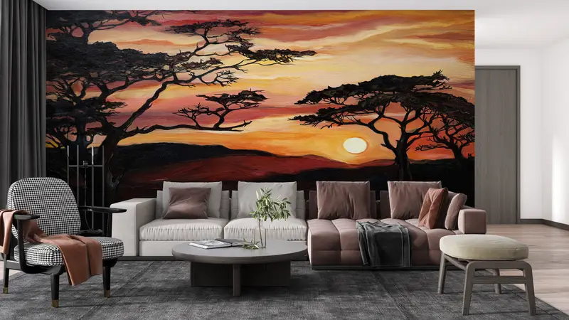 Modern Wall Paper, Wall Paper Peel and Stick, Savannah Tree Painting, Paper Wall Art, Nature Landscape Wall Painting, - 1