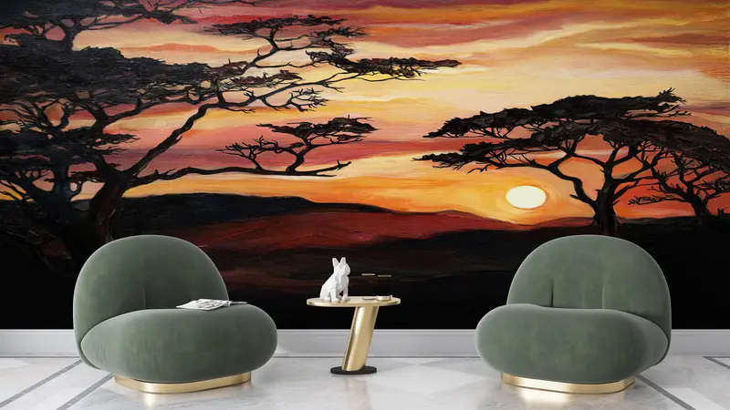 Modern Wall Paper, Wall Paper Peel and Stick, Savannah Tree Painting, Paper Wall Art, Nature Landscape Wall Painting, - 2