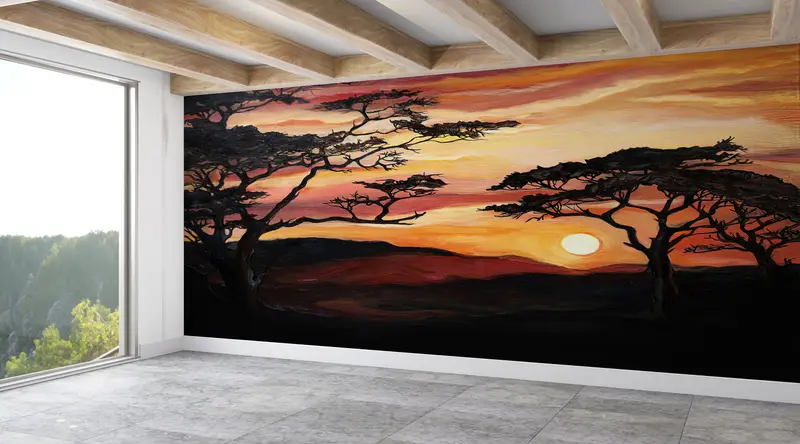 Modern Wall Paper, Wall Paper Peel and Stick, Savannah Tree Painting, Paper Wall Art, Nature Landscape Wall Painting, - 3