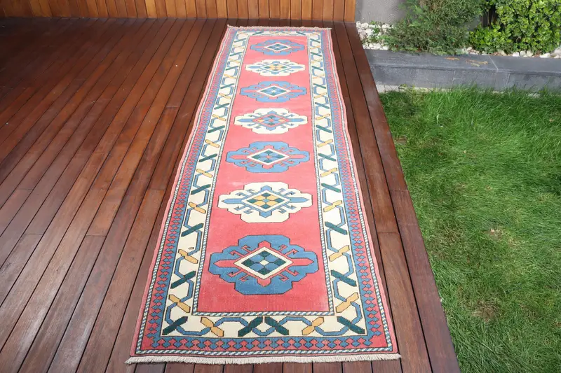 2.8x9.8 ft Turkish Oushak Rug, Red Moroccan Vintage Wool Rug - 1