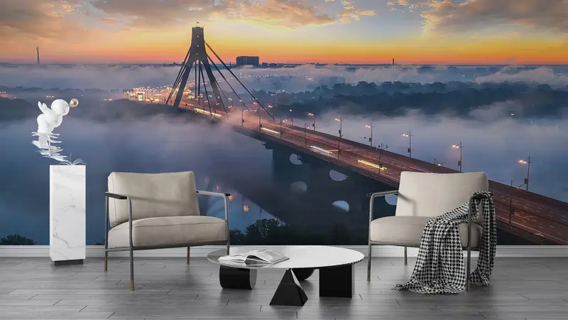 Travel Wall Decor, Bright Wall Paper, Paper Wall Art, Wall Paper Peel and Stick, Kiev Bridge Mural, , Cloud Mural, Ukraine Wall Poster, - 1