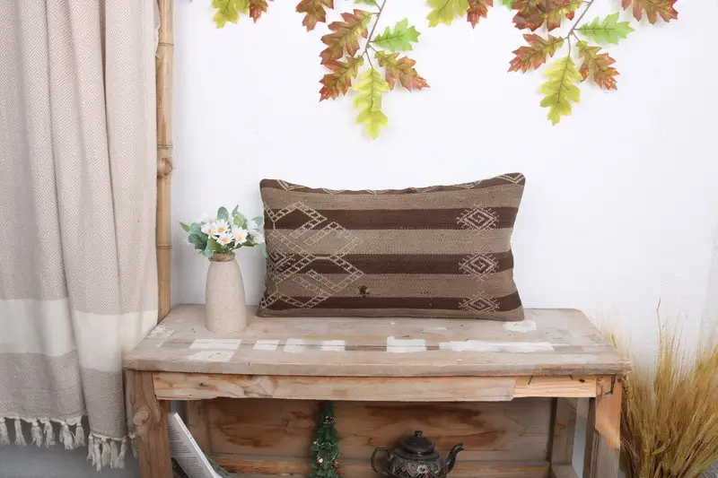Turkish Kilim Pillow, Pillow Cover, Vintage Pillow, Bolster Throw Pillow, 12x20 Brown Pillow Sham, Aesthetic Cushion Case, Kilim Pillow Cover - 1