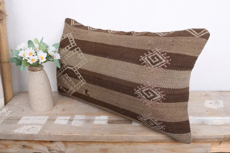 Turkish Kilim Pillow, Pillow Cover, Vintage Pillow, Bolster Throw Pillow, 12x20 Brown Pillow Sham, Aesthetic Cushion Case, Kilim Pillow Cover - 4