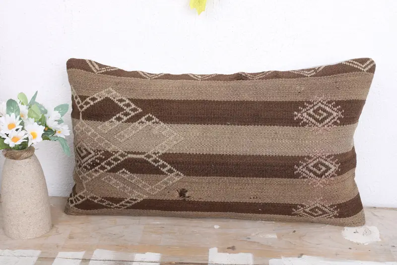 Turkish Kilim Pillow, Pillow Cover, Vintage Pillow, Bolster Throw Pillow, 12x20 Brown Pillow Sham, Aesthetic Cushion Case, Kilim Pillow Cover - 2