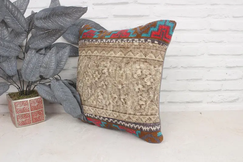 16x16 Brown Cushion Case, Kilim Pillow Cover, Cushion, Handmade Kilim Cushion, Ottoman Cushion Case, Ethnical Kilim Rug Pillow - 4