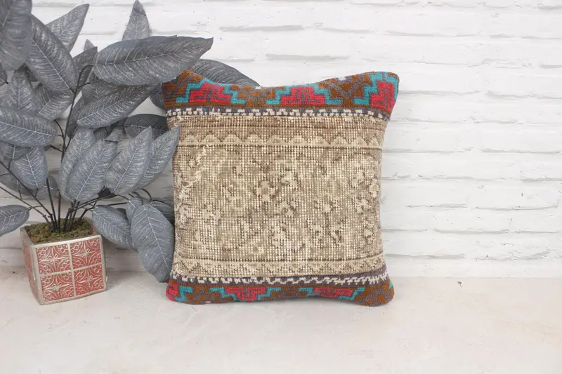 16x16 Brown Cushion Case, Kilim Pillow Cover, Cushion, Handmade Kilim Cushion, Ottoman Cushion Case, Ethnical Kilim Rug Pillow - 1