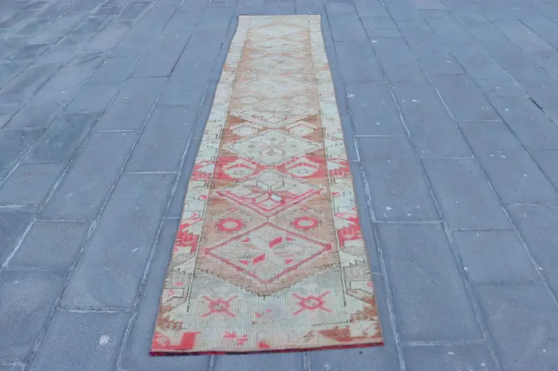 Herki Turkish Rug, 2.5x11.9 ft Vintage Rug, Red Animal Print Wool Rug - 1