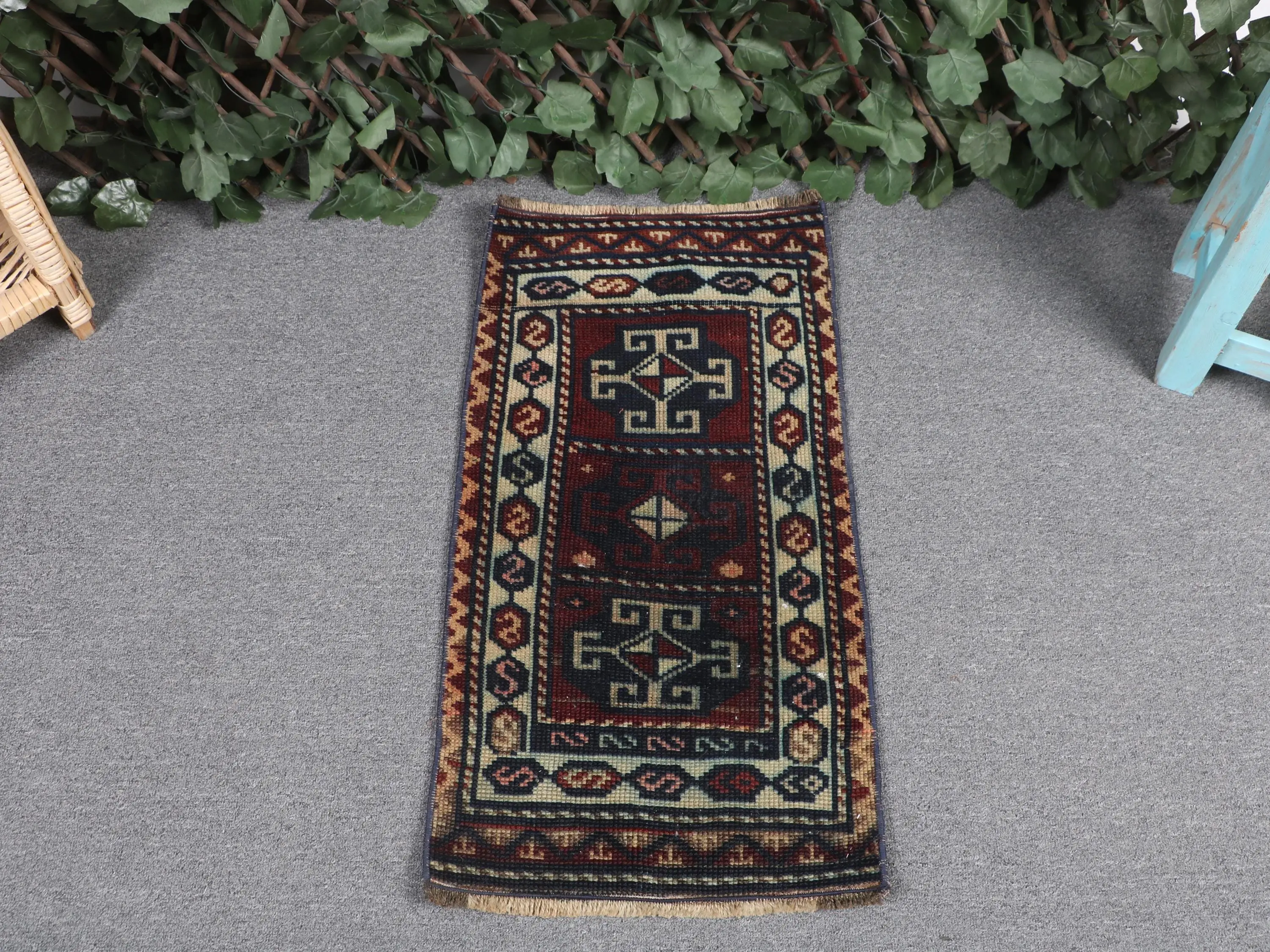 Vintage Rug, 1.3x2.5 ft Turkish Rug, Red Blue Bordered Wool Rug - 1