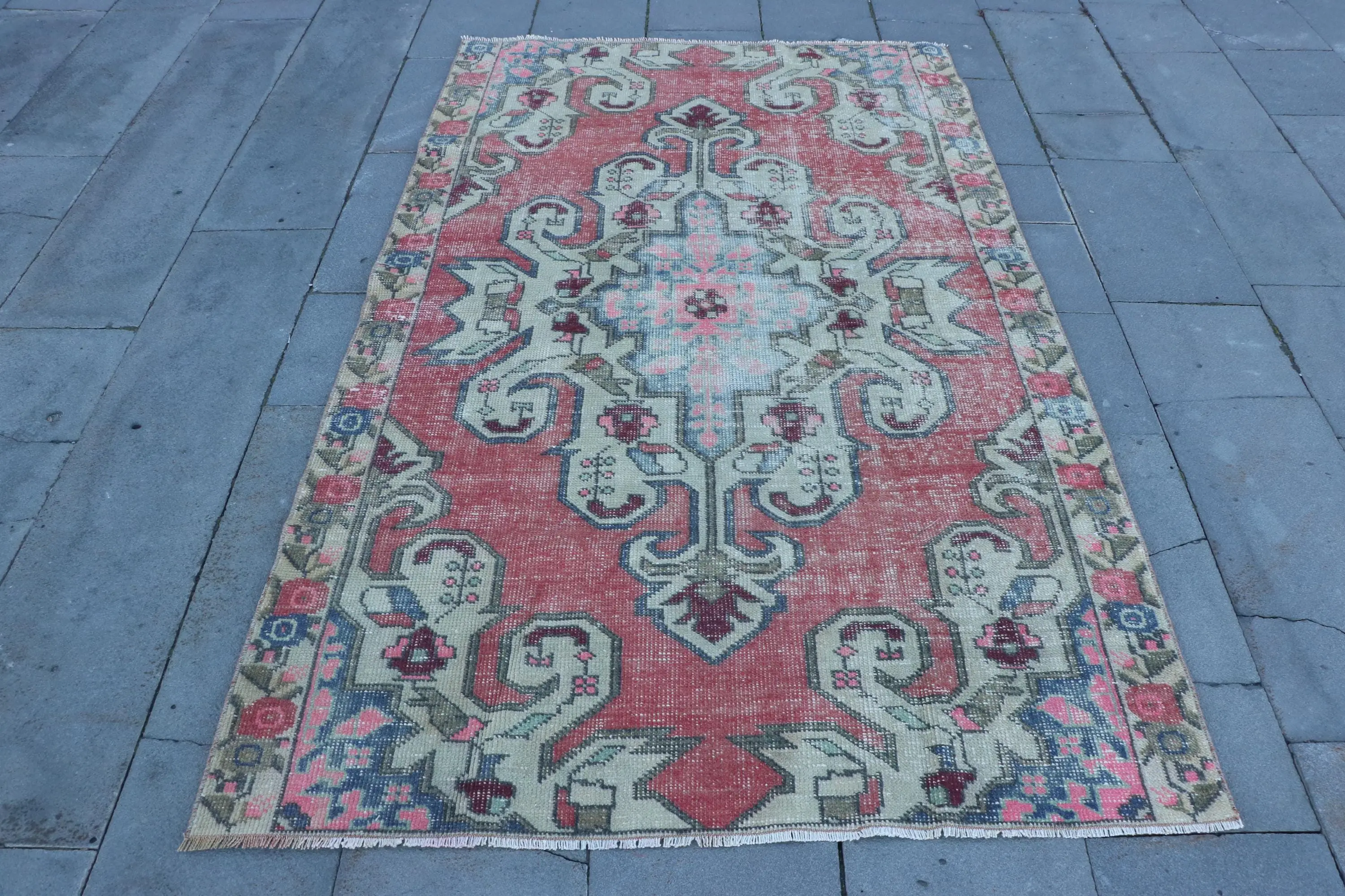 Vintage Turkish Area Rug 4.2x6.9 ft, Red Blue Animal Print Wool Rug - 1