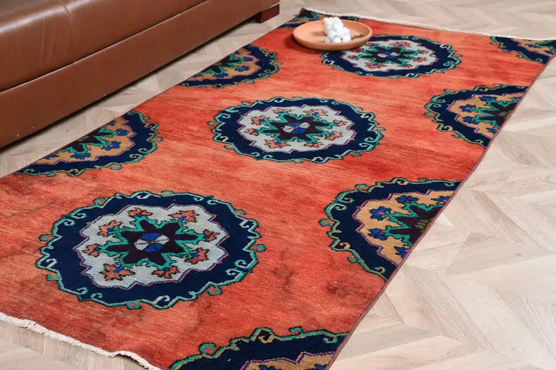 Alfombra turca vintage de 3,6x6,9 pies, alfombra de área, alfombra roja Oushak - 1
