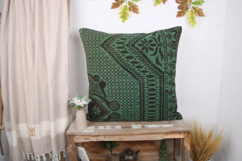 Boho Pillow, Nomadic Cushion, Kilim Cushion Sham, Pillow for Sofa, Handwoven Pillow Case, 28x28 Green Cushion Cover, Cushion Cover - 1
