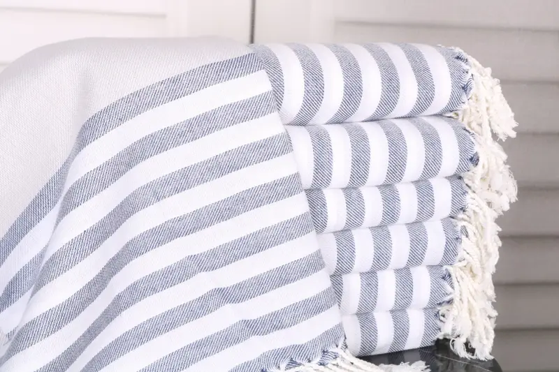 Striped Towel Navy Blue-Gray Cotton, Handmade Gift, Bachelorette Party, 40x71 Inches