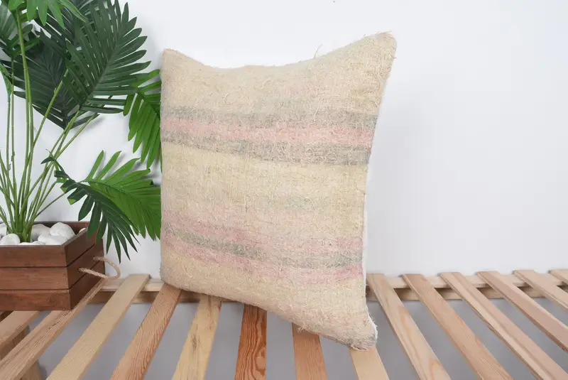 Vintage Kilim Pillow, Pillow for Couch, Pillow Sham, 20x20 Beige Cushion Case, Ethnical Kilim Rug Pillow, Bench Pillow Case - 5