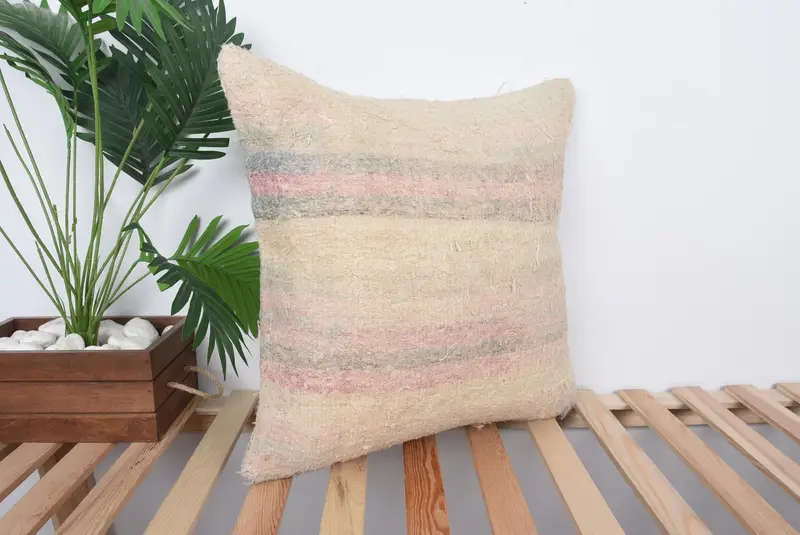 Vintage Kilim Pillow, Pillow for Couch, Pillow Sham, 20x20 Beige Cushion Case, Ethnical Kilim Rug Pillow, Bench Pillow Case - 4