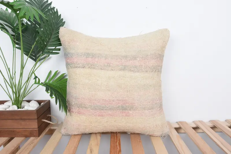 Vintage Kilim Pillow, Pillow for Couch, Pillow Sham, 20x20 Beige Cushion Case, Ethnical Kilim Rug Pillow, Bench Pillow Case - 1