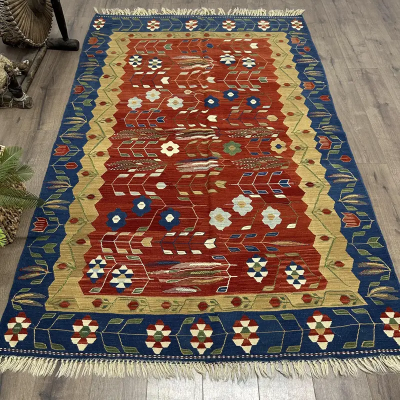 Red and Blue Rug, 5x7 ft Elegant Solid Pattern