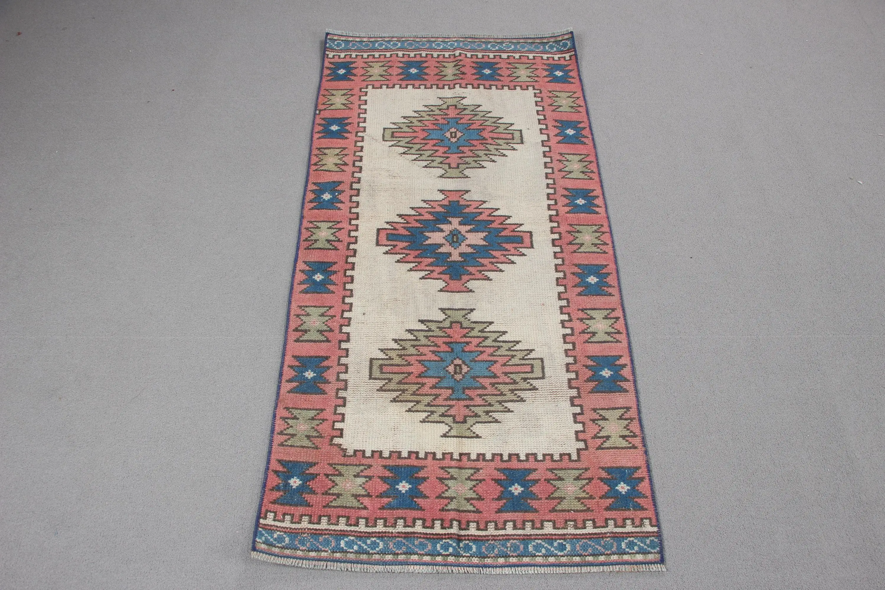 Turkish Rug, 2.2x4.5 ft Small Rug, Red Blue Wool Rug - 1