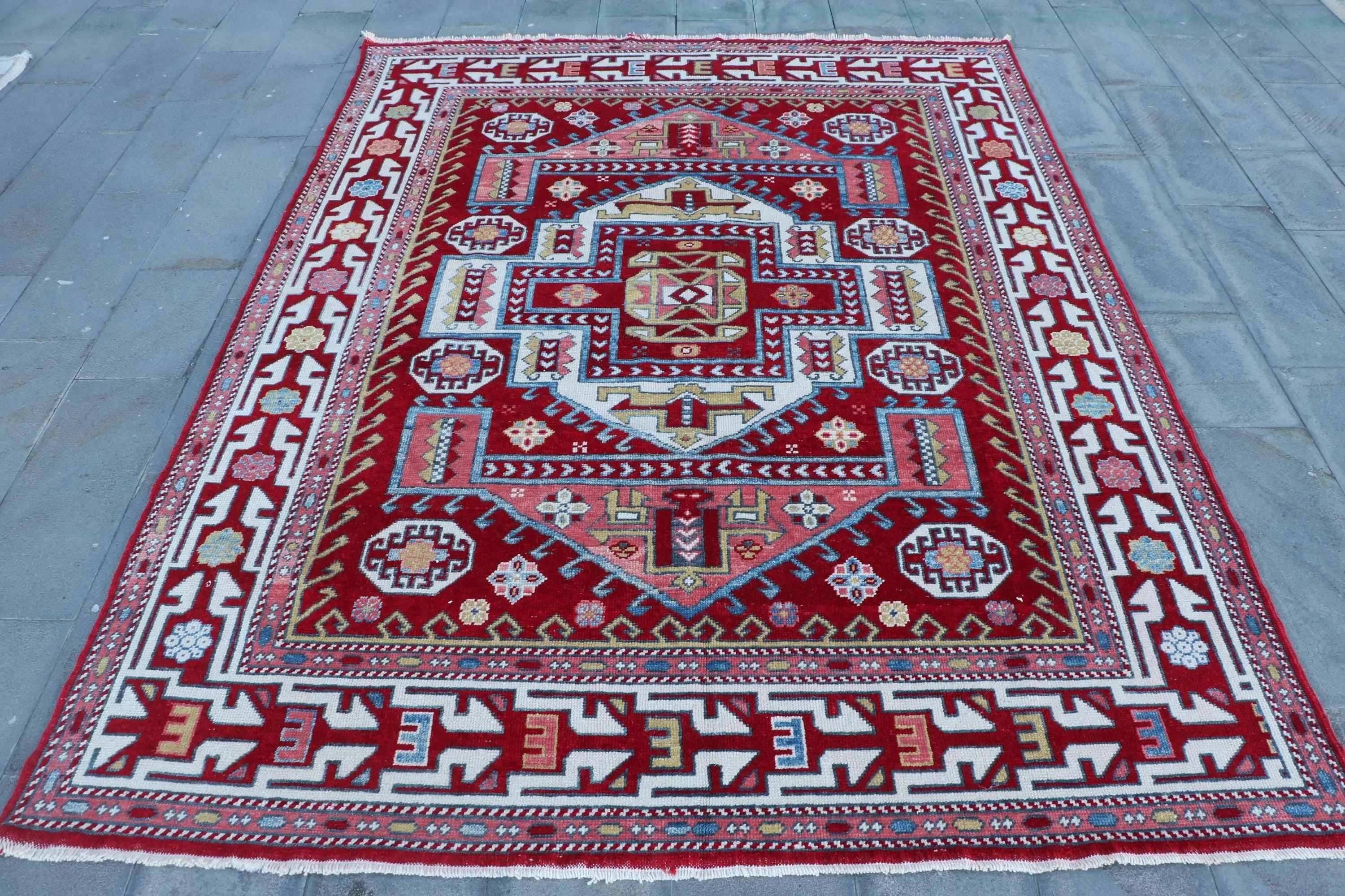 7,8x10,3 ft Teppich, türkischer Vintage Teppich, rot gestreifter Wollteppich - 1