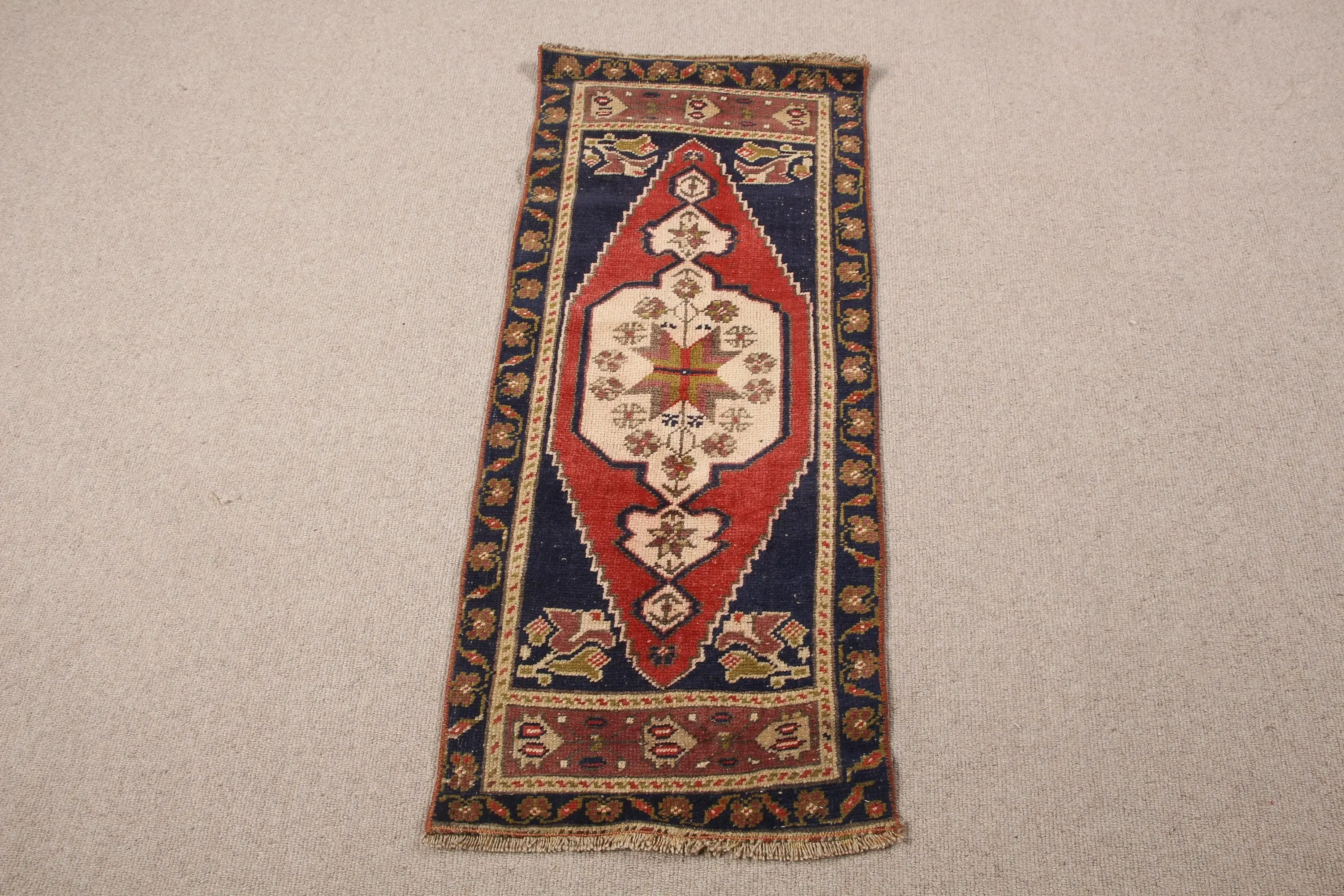 Vintage Rug, 1.5x3.5 ft Turkish Rug, Red Striped Wool Rug - 1