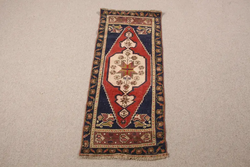 1.5x3.5 ft Blue Rug with Red Stripes, Unique Geometric Design
