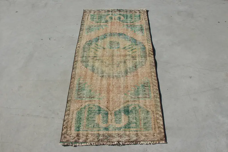 2.3x4.8 ft Türk Halısı, Küçük Vintage Halı, Yeşil Soyut Halı - 1