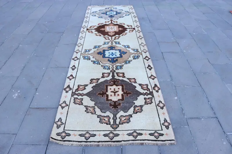 3.37x11.3 ft Rug, Vintage Turkish Rug, White Herki Wool Rug - 1