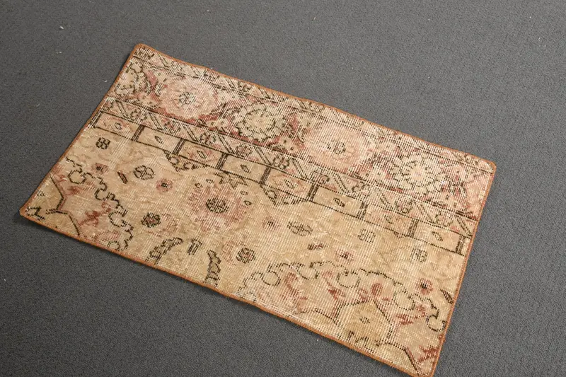 Turkish Vintage Rug 1.5x2.6 ft (46x78 cm), Oushak Brown Red Animal Print Rug - 1