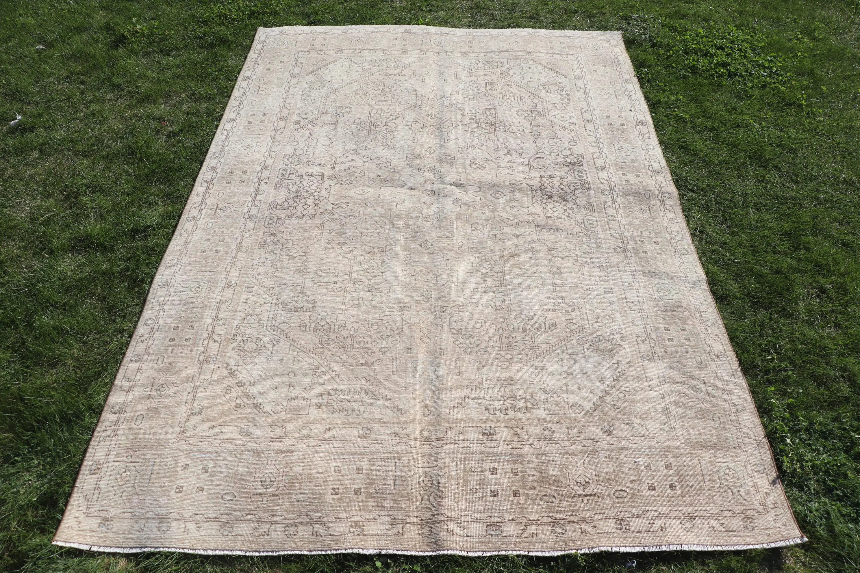 6.4x9.6 ft Halı, Vintage Türk Halısı, Kahverengi Gri Çiçekli Yün Halı - 1