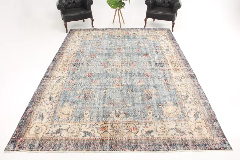 8.1x11.3 ft Turkish Oushak Rug, Vintage Rug, Blue Check Wool Rug - 1