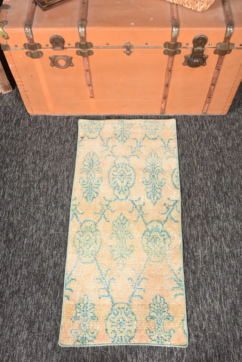 Alfombra turca vintage pequeña de 1,5x3,3 pies, alfombra de lana azul Oushak - 1