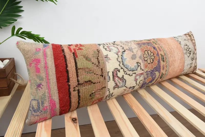 Pillow, Crochet Pattern Pillow Cover, 12x43 Beige Cushion Case, Kilim Rug Pillow Case, Pillow for Couch, Vintage Kilim Throw Pillow, Pillow for Sofa - 4