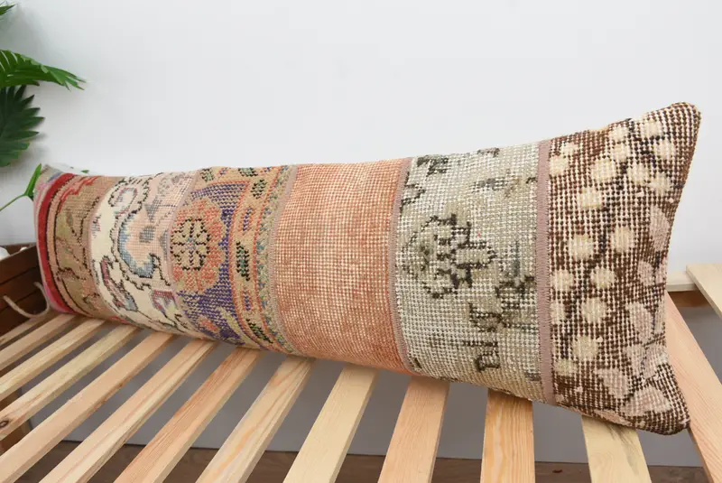 Pillow, Crochet Pattern Pillow Cover, 12x43 Beige Cushion Case, Kilim Rug Pillow Case, Pillow for Couch, Vintage Kilim Throw Pillow, Pillow for Sofa - 5