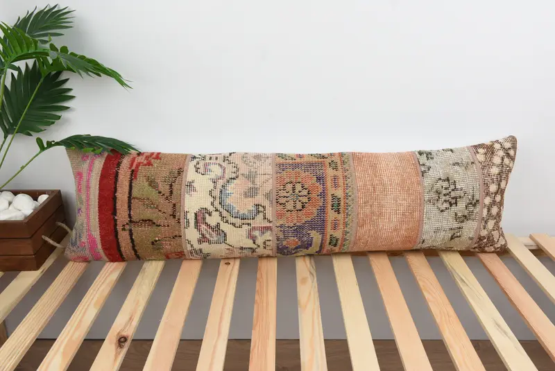 Pillow, Crochet Pattern Pillow Cover, 12x43 Beige Cushion Case, Kilim Rug Pillow Case, Pillow for Couch, Vintage Kilim Throw Pillow, Pillow for Sofa - 1
