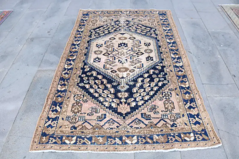 4.2x6.46 ft Rug, Turkish Oushak Rug, Vintage Blue Wool Bordered Rug - 1