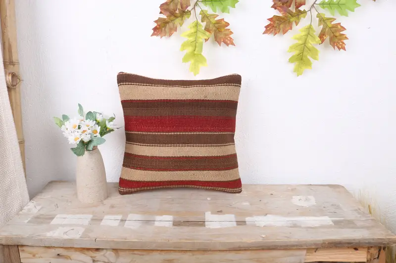 Turkish Kilim Pillow, Art Deco Pillow Sham, Ethnic Throw Pillow Cover, Vintage Kilim Pillow, 12x12 Brown Pillow, Vintage Kilim Throw Pillow, Pillow - 1