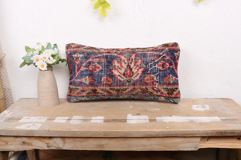 Ethnical Kilim Rug Pillow, Kilim Pillow, Pillow Case, Pillow for Couch, Bench Pillow Sham, 8x16 Blue Pillow Cover, Sofa Cushion Case - 1