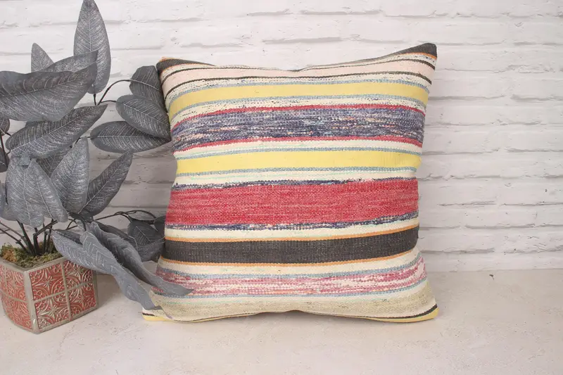 Turkish Pillow, 20x20 Yellow Cushion Case, Cotton Cushion Cover, Customized Cushion Cover, Vintage Kilim Pillow, Cushion Cover, Gift Pillow - 1