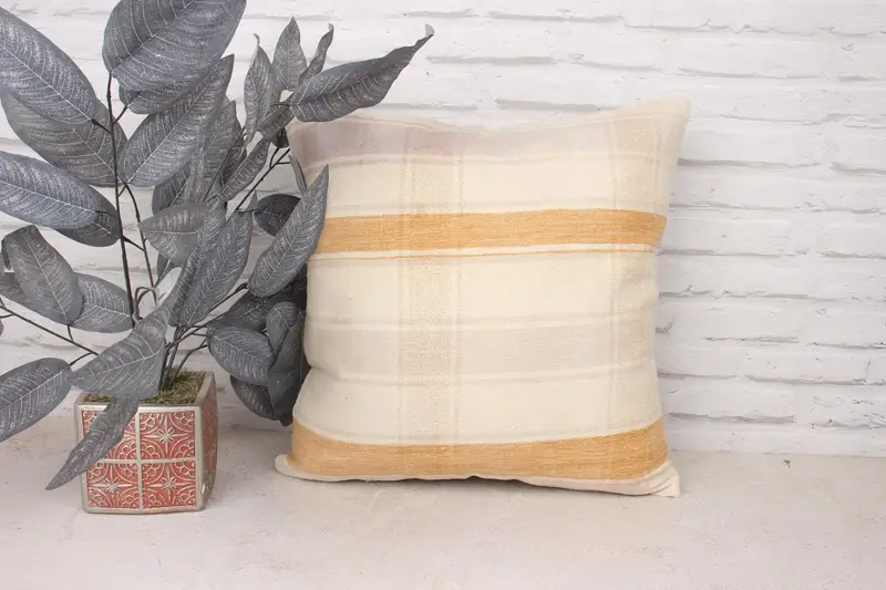 Handmade Rug Seat Cushion Cover, Turkish Pillow, Boho Pillow, 18x18 Beige Pillow Case, Cushion Cover, Gift Pillow, Outdoor Bolster Pillow - 1