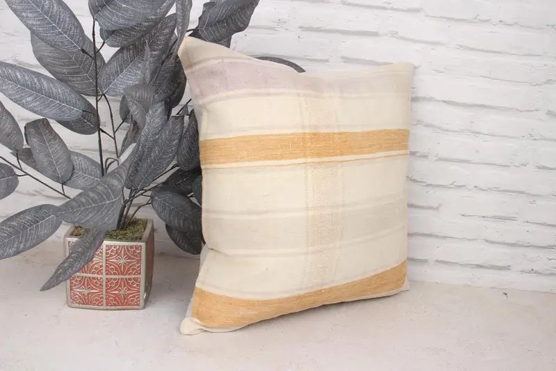 Handmade Rug Seat Cushion Cover, Turkish Pillow, Boho Pillow, 18x18 Beige Pillow Case, Cushion Cover, Gift Pillow, Outdoor Bolster Pillow - 3